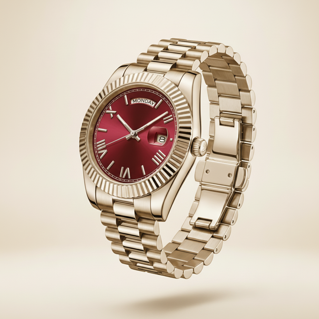 Luxury gold watch with burgundy dial